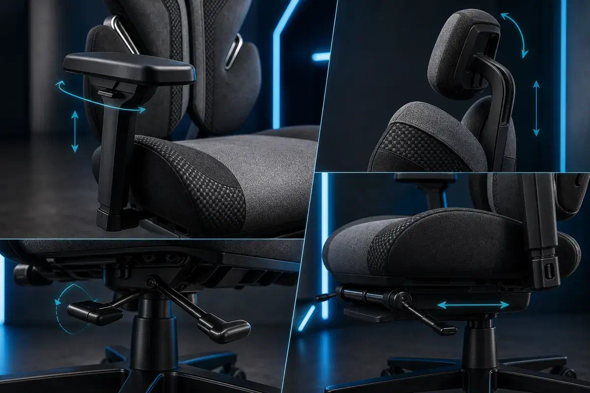 Крупные планы подлокотника, подголовника, сиденья и механизма наклона кресла Aerocool