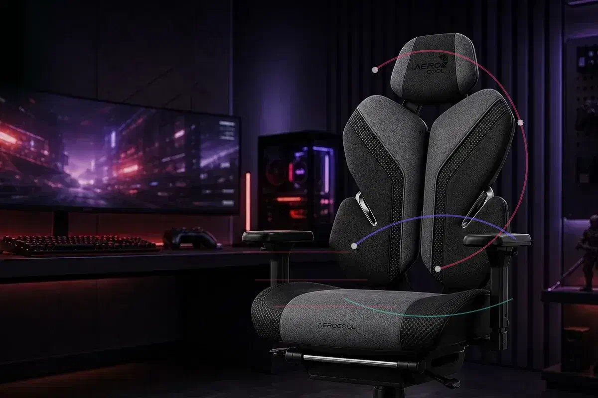 Игровое кресло Aerocool с визуальным акцентом на поддержку спины, рук и смену положения во время долгой сессии