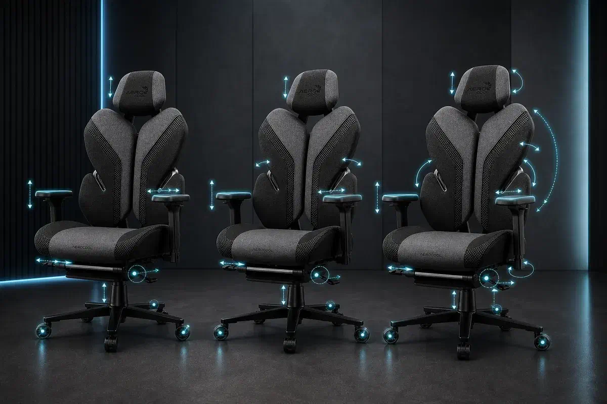 Три крісла Aerocool із різною кількістю підсвічених зон налаштування для порівняння 7D, 8D і 11D