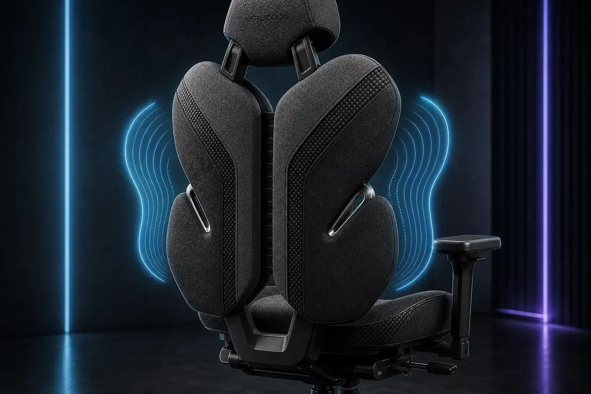 Крупный план двойной спинки Aerocool WING 360 с двумя отдельными зонами поддержки спины