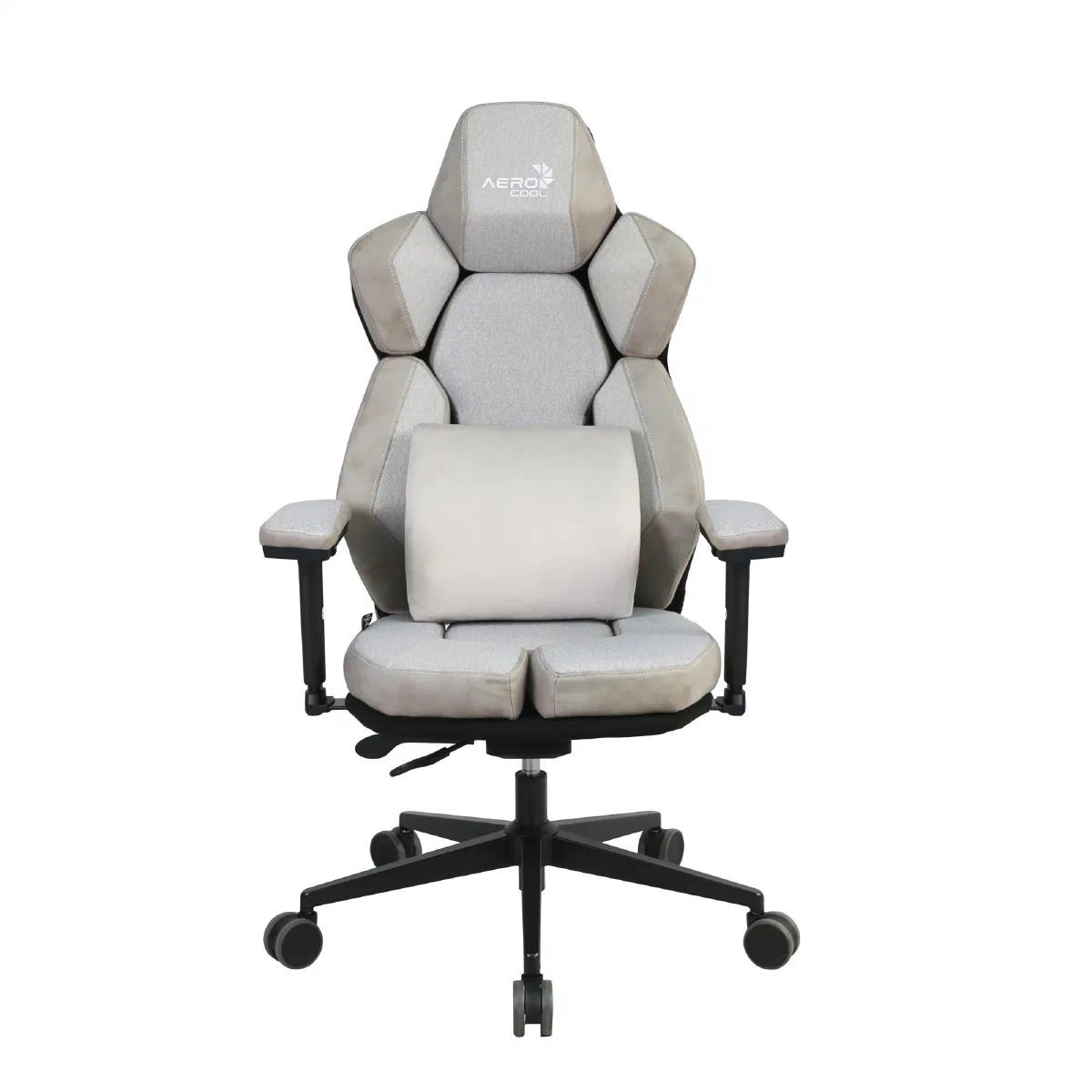 Крісло Aerocool XTAL Loft Air Light Grey — Вигляд спереду з поперековою подушкою