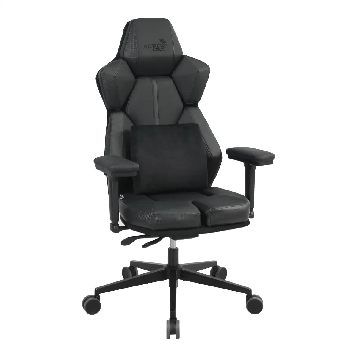 Крісло Aerocool XTAL Racer Black — Вигляд спереду під кутом з поперековою подушкою